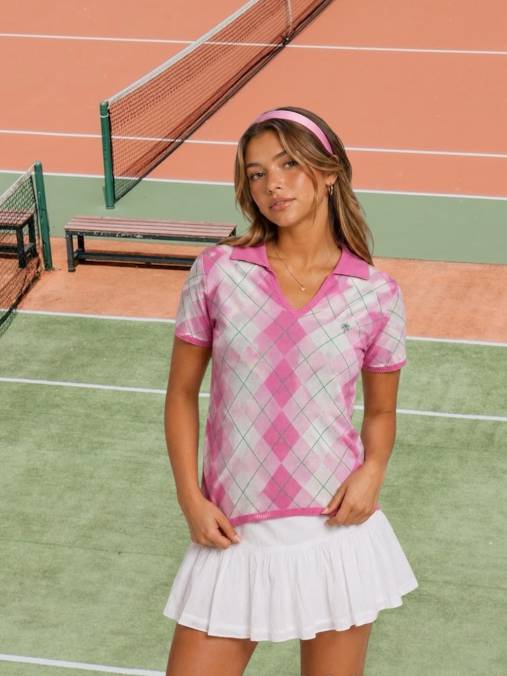 Lilly Pulitzer Pink Argyle Knit Polo Top Palm Tree Vintage Y2K Large